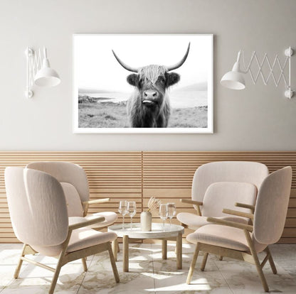 Highland Cow B&W Portrait View Home Decor Premium Quality Poster Print Choose Your Sizes