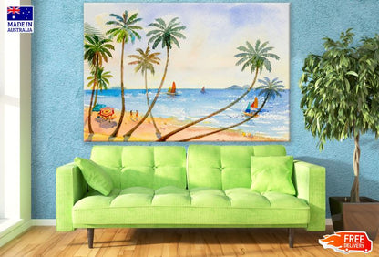 Palm Trees at Beach Sea Scenery Watercolor Painting Print 100% Australian Made