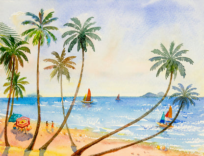 Palm Trees at Beach Sea Scenery Watercolor Painting Print 100% Australian Made