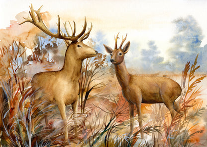 Two Deer in the Forest Watercolor Painting Print 100% Australian Made