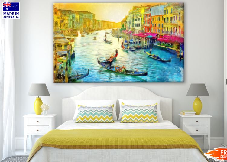 Gondolas Sailing Down on Canal in Venice Italy Painting Print 100% Australian Made