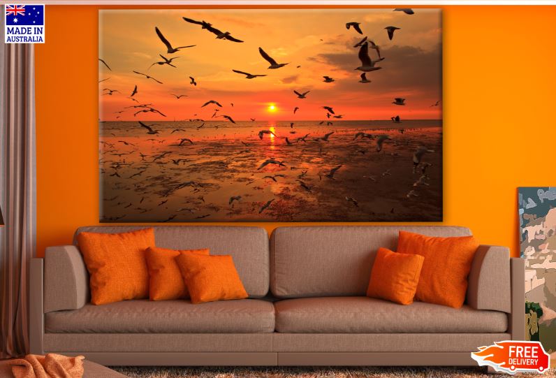 Birds Flying Over Beach at Sunset Photograph Print 100% Australian Made