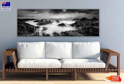 Panoramic Canvas B&W Beach Scenery High Quality 100% Australian Made Wall Canvas Print Ready to Hang