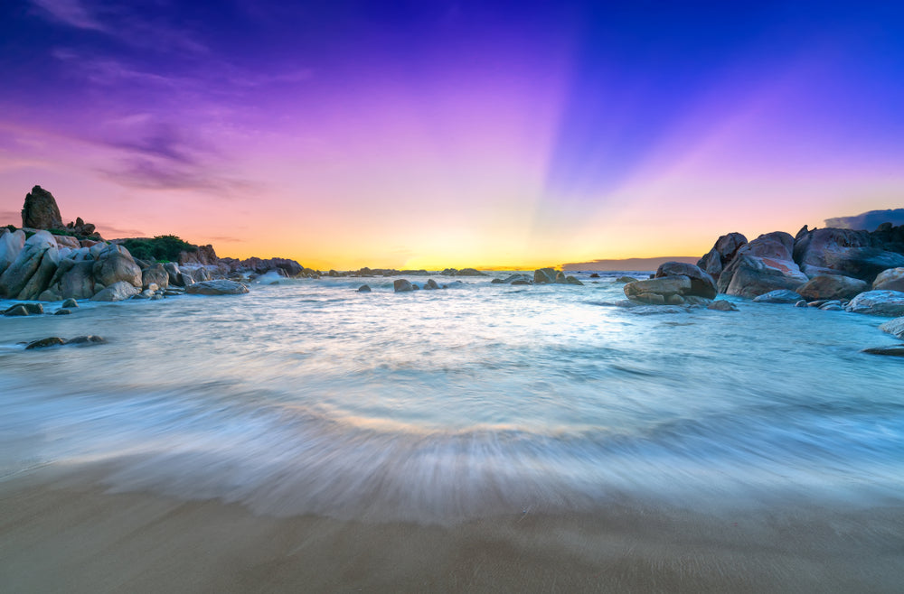 Beautiful Sunrise on the Beach with Sun Rays in the Purple Sky Photograph Print 100% Australian Made