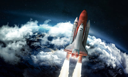 Space Shuttle in the Space Near Earth Clouds and Sky Background Print 100% Australian Made