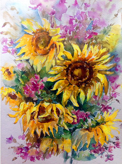 Sunflower Bouquet on Abstract Bright Coloured Background Print 100% Australian Made