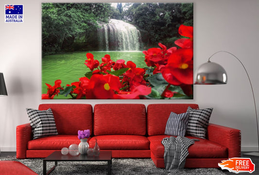 Red Flowers Near Waterfall Scenic Print 100% Australian Made