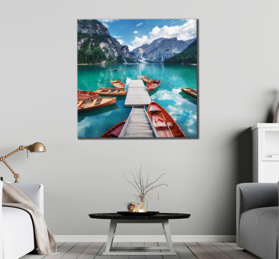 Square Canvas Boats on Lake Scenery High Quality Print 100% Australian Made