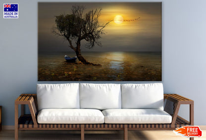 Boat & Tree in Sea Night Photograph Print 100% Australian Made