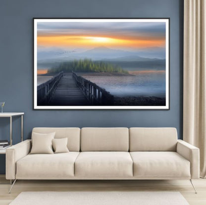 Wooden Pier to Island Over Lake Home Decor Premium Quality Poster Print Choose Your Sizes