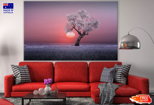Tree in Grass Field Sunset Scenic Print 100% Australian Made
