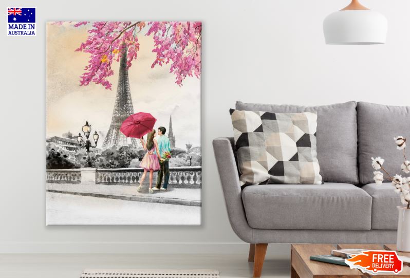 Couple Near Eiffel Tower Watercolor Painting Print 100% Australian Made