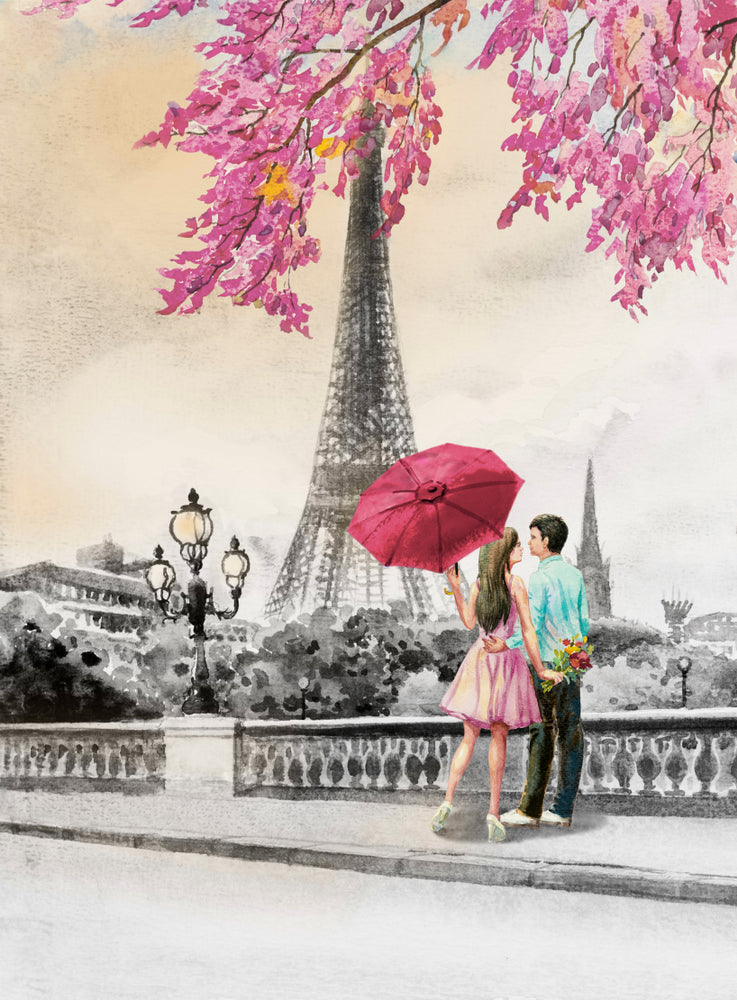 Couple Near Eiffel Tower Watercolor Painting Print 100% Australian Made