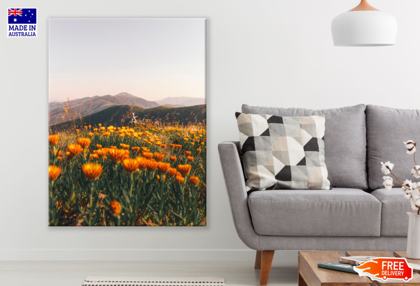 Orange Flower Field & Mountain View Photograph Print 100% Australian Made
