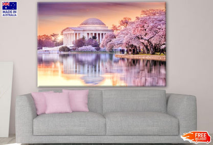 Building Near Lake with Blossom Forest Photograph Print 100% Australian Made