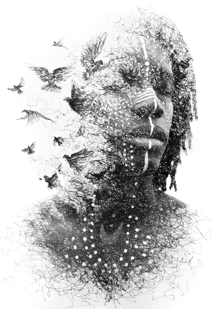 African Man & Birds Exposure Portrait Black & White Print 100% Australian Made