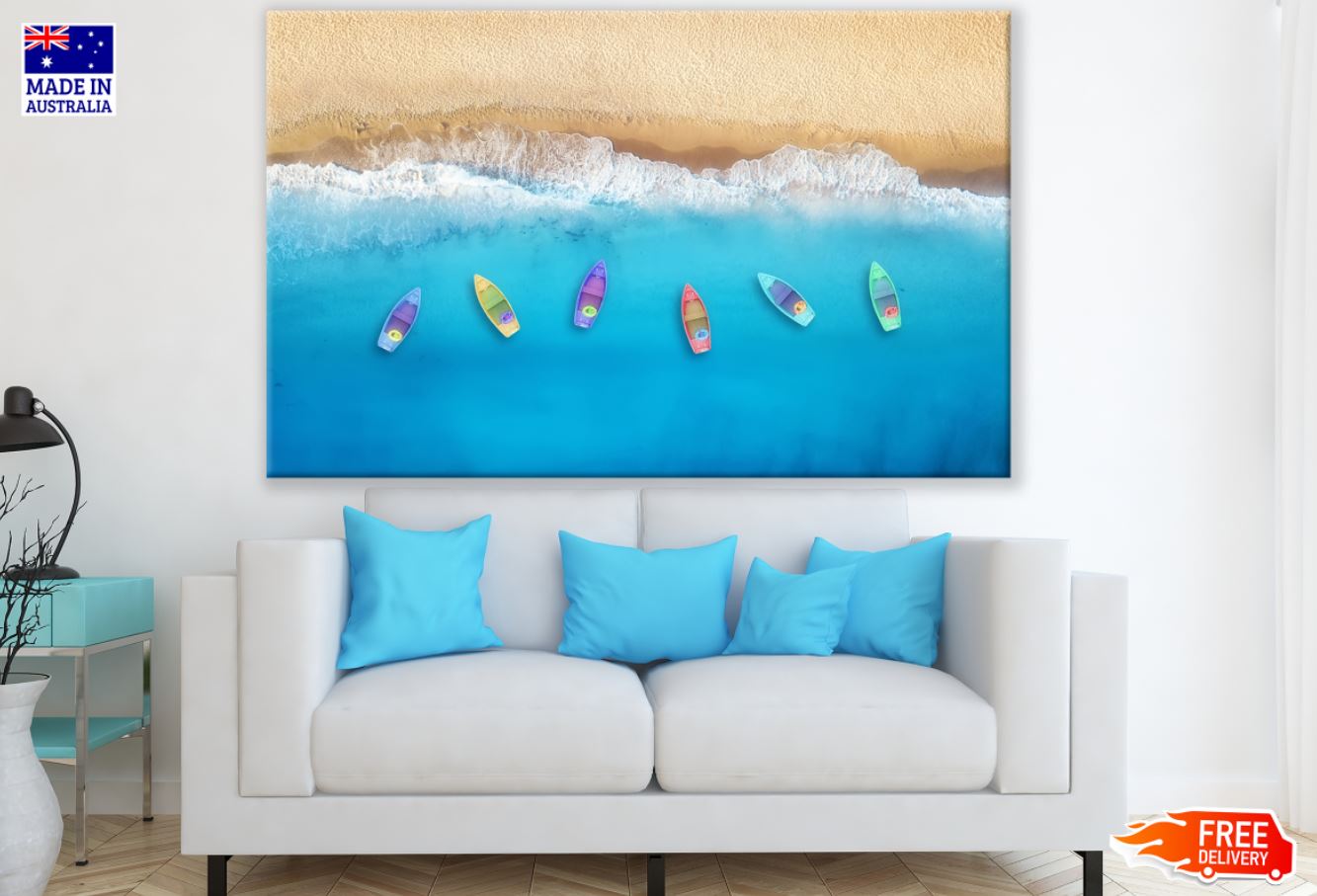 Boats on Sea & Shore Aerial View Print 100% Australian Made