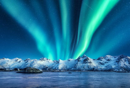 Aurora Over Snow Covered Mountains Photograph Print 100% Australian Made