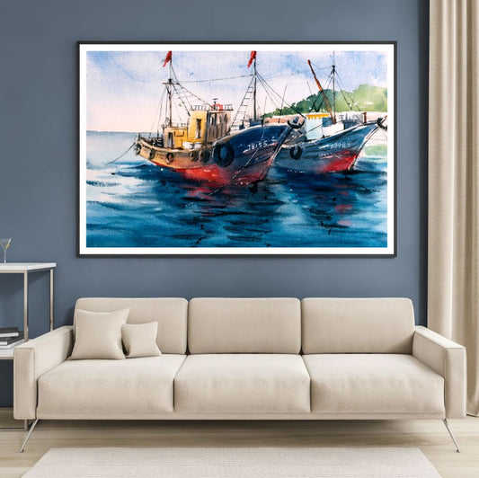 Boats on Sea Watercolor Painting Home Decor Premium Quality Poster Print Choose Your Sizes