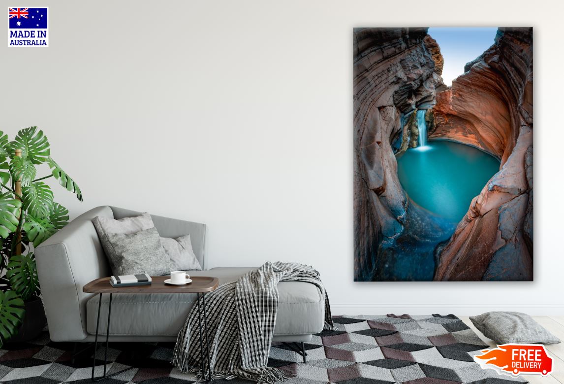 Beautiful Waterfall Flows into Natural Pool Surrounded by Red Rock Photograph Print 100% Australian Made