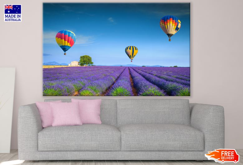 Hot Air Balloons Floating on Lavender Field Photograph Print 100% Australian Made