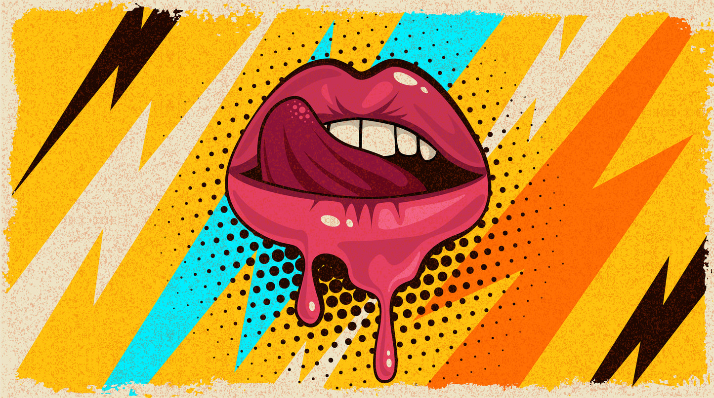 Pink, Red lips, Mouth & Tongue on Pop Art Retro Vintage Colorful Background Illustration Print 100% Australian Made