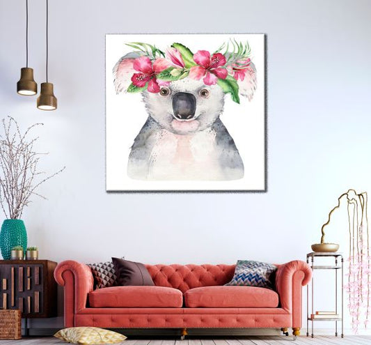 Square Canvas Koala Bear with Floral Headdress Watercolor Painting High Quality Print 100% Australian Made