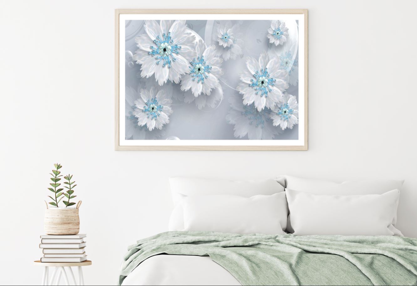 White Blue 3D Floral Design Home Decor Premium Quality Poster Print Choose Your Sizes