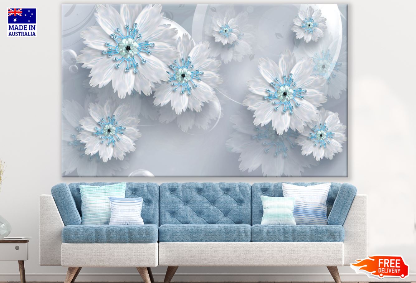 White Blue 3D Floral Design Print 100% Australian Made