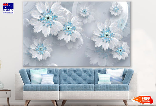 White Blue 3D Floral Design Print 100% Australian Made