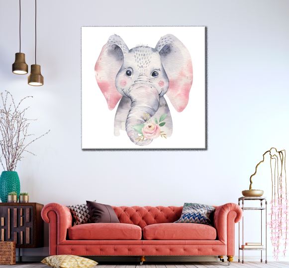 Square Canvas Baby Elephant with Flowers Kids Watercolor Painting High Quality Print 100% Australian Made