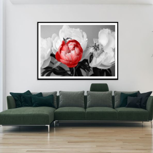 Red & White Peonies in Vase B&W Phtotograph Home Decor Premium Quality Poster Print Choose Your Sizes