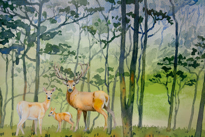 Deer Family in Forest Painting Print 100% Australian Made