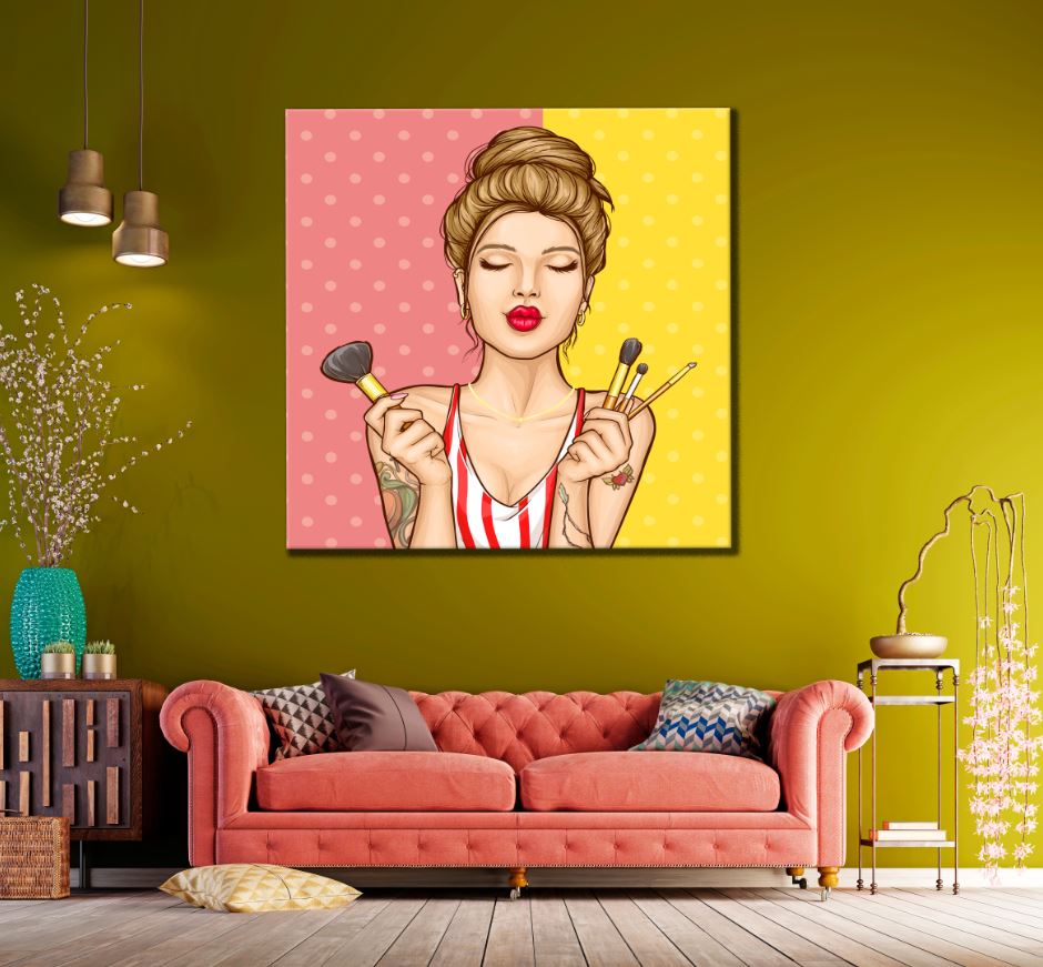 Square Canvas Girl with Makeup Brushes Pop Art High Quality Print 100% Australian Made