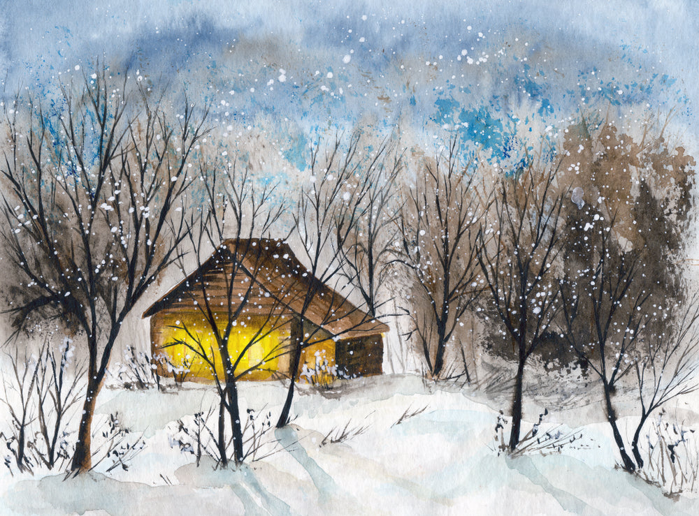 Log Cabin in Winter Snowy Forest with Falling Snow Watercolour Painting Print 100% Australian Made