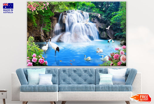 Waterfall & Birds Scenery View Print 100% Australian Made