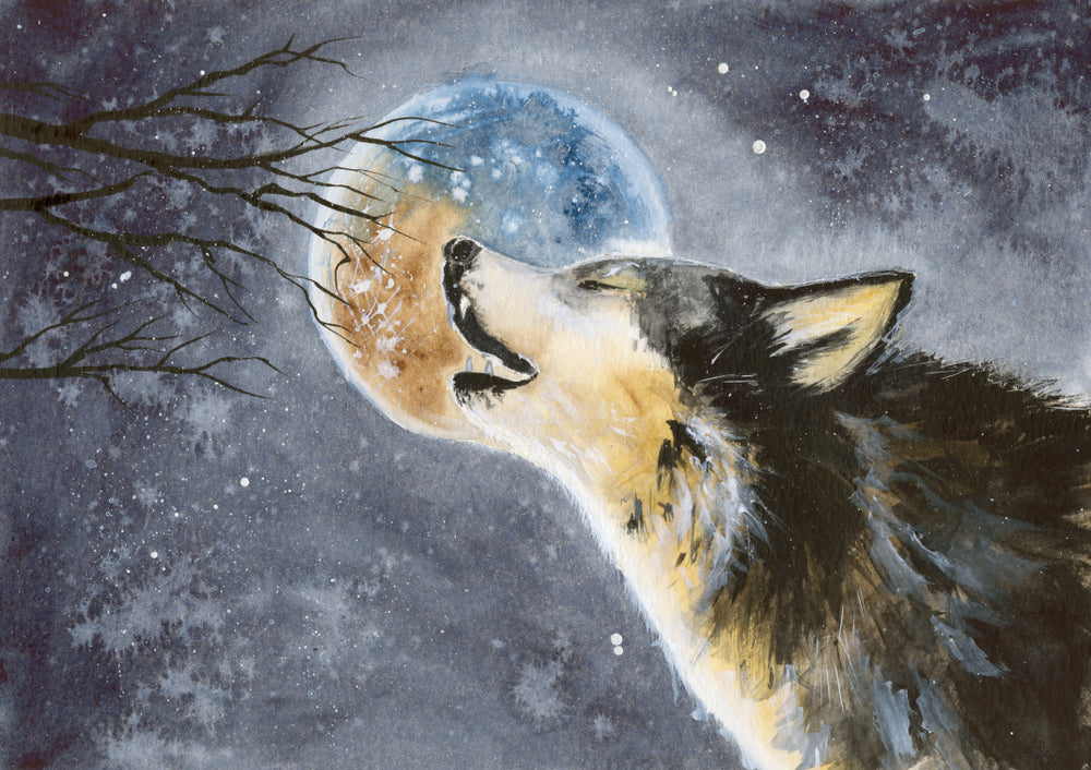 Watercolor Howling Wolf With Shining Moon Painting Print 100% Australian Made