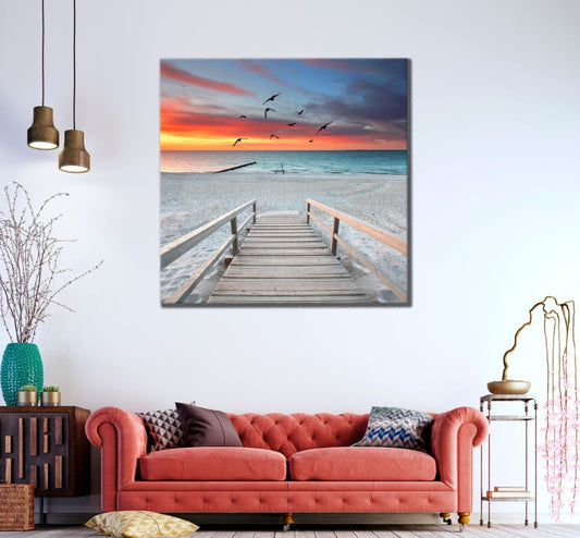 Square Canvas Wooden Bridge & Sea Sunset High Quality Print 100% Australian Made