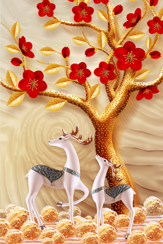 Red Flower with Golden Tree & Deers 3D Design Print 100% Australian Made