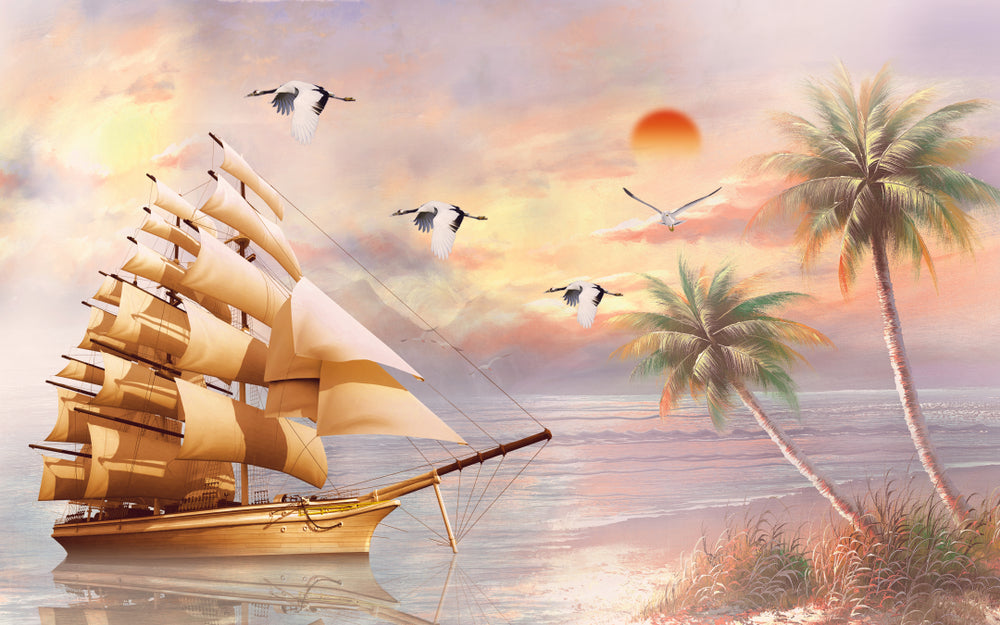 Golden Ship & Flying Birds in Sunset Print 100% Australian Made