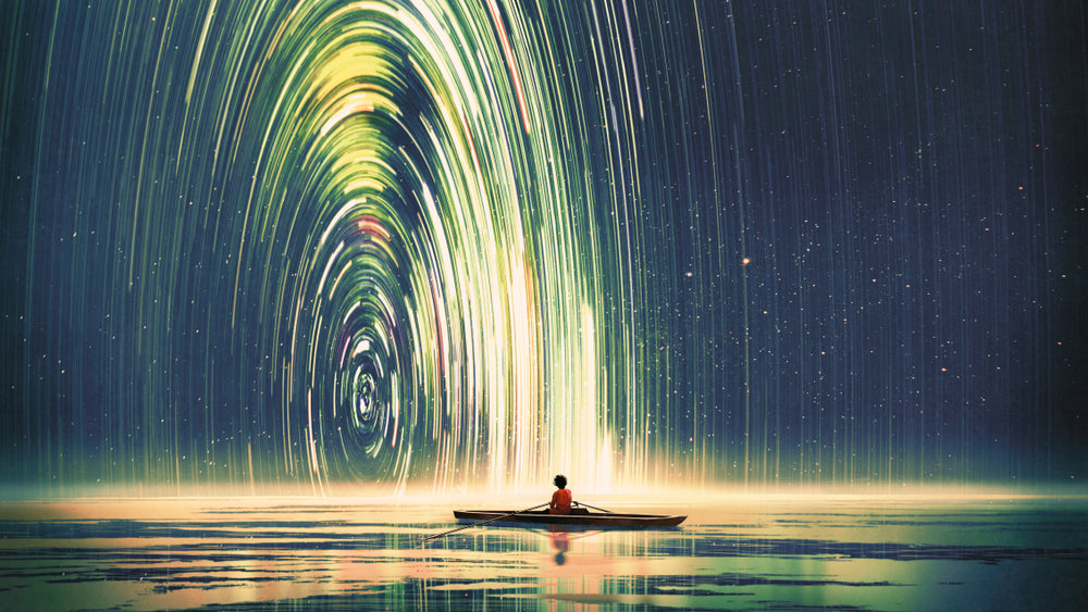 Boat on a Lake & Abstract Spiral Design Print 100% Australian Made
