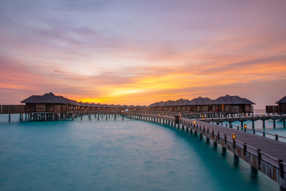 Sunset on Luxury Water Villas Resort & Wooden Pier with Beautiful Sky Photograph Print 100% Australian Made