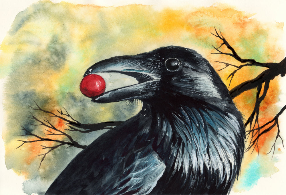 Watercolor Black Raven With Red Berry Painting Print 100% Australian Made