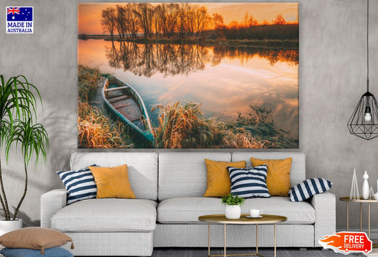 Boat on Lake Sunset Scenery View Print 100% Australian Made