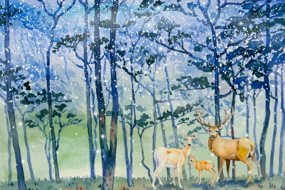 Snow Falls in Forest Winter Watercolour Landscape Deer Family Painting Print 100% Australian Made