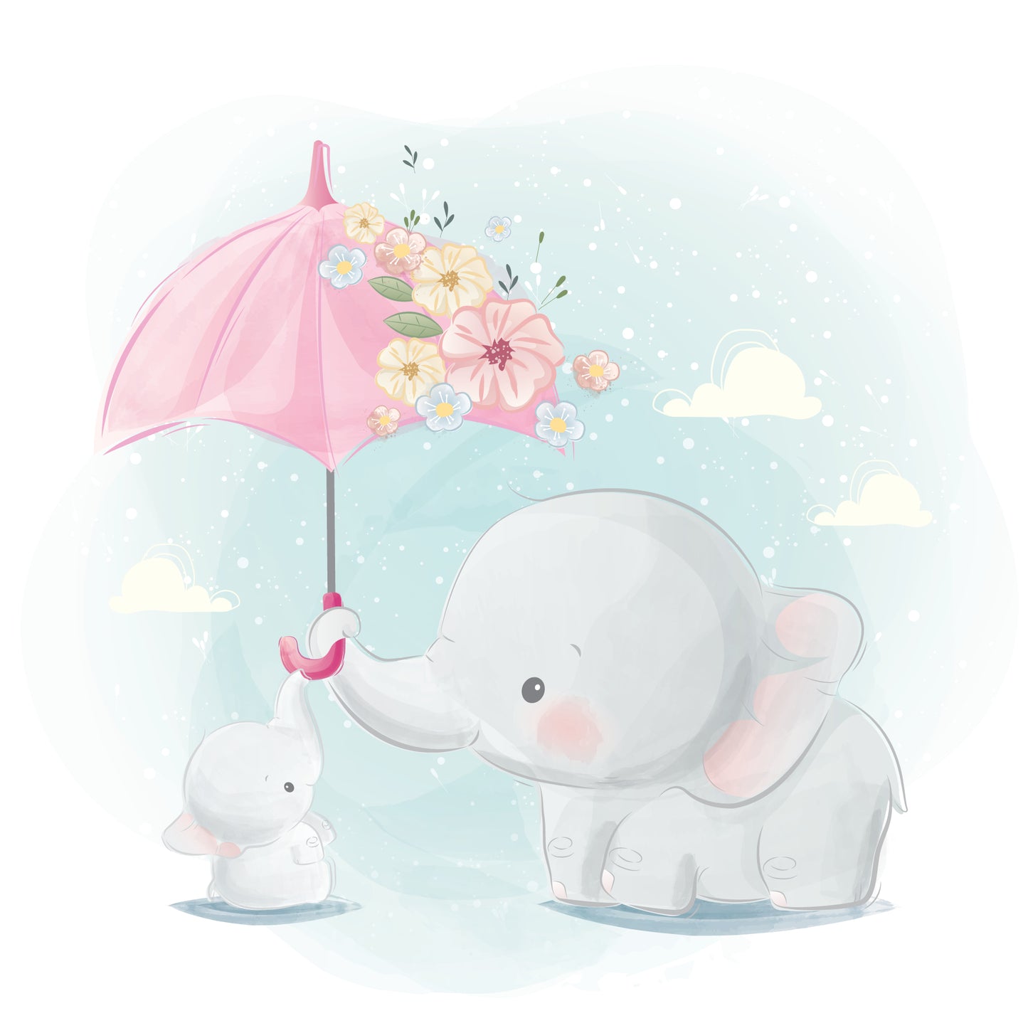 Cute Mommy and Baby Elephant with Red Umbrrella Nursery & Kids Design Print 100% Australian Made