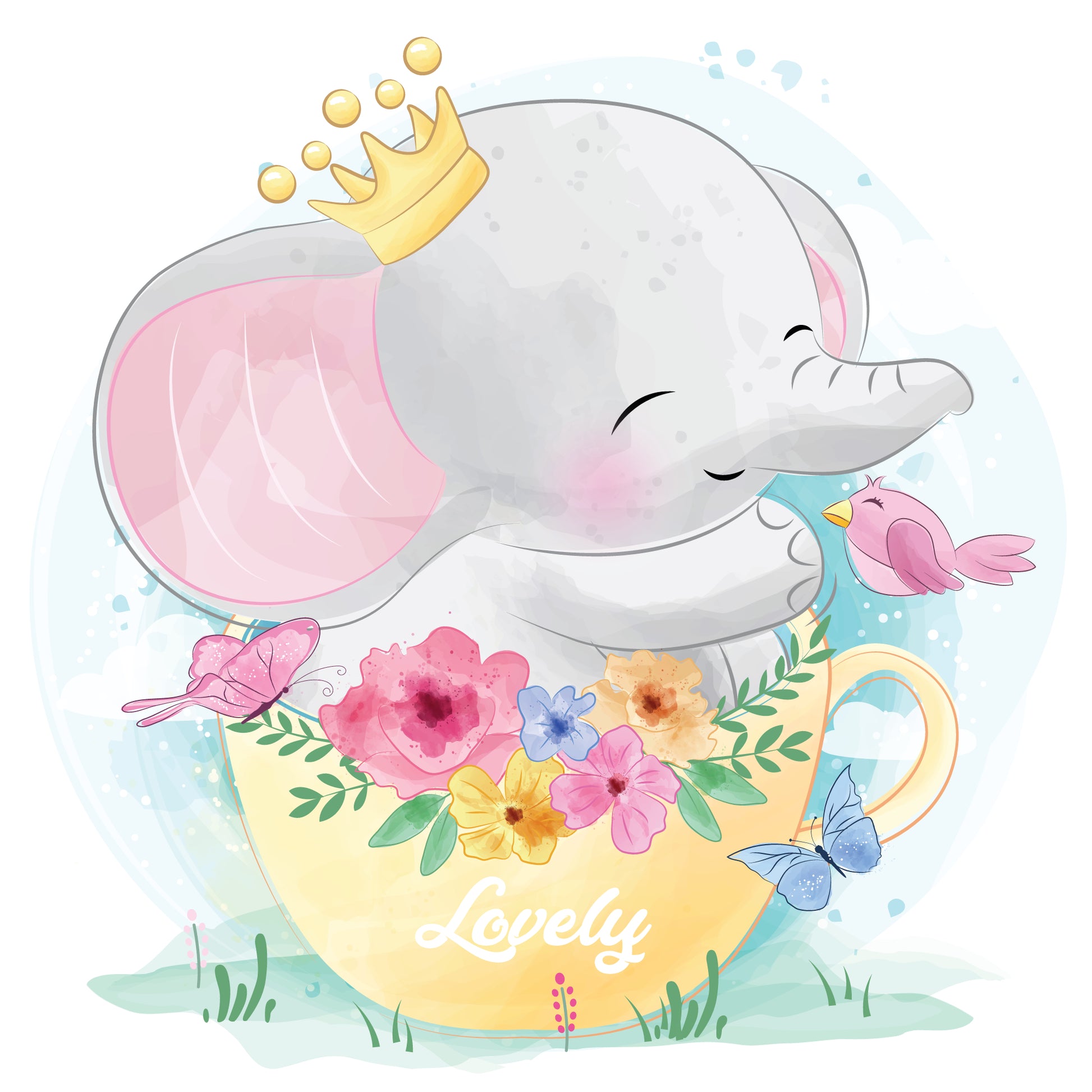 Elephant Baby with a Crown on a Floral Cup Nursery & Kids Design Print 100% Australian Made