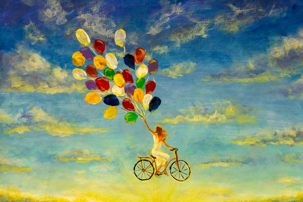 Bicycle & Colorful Balloons Oil Painting Print 100% Australian Made