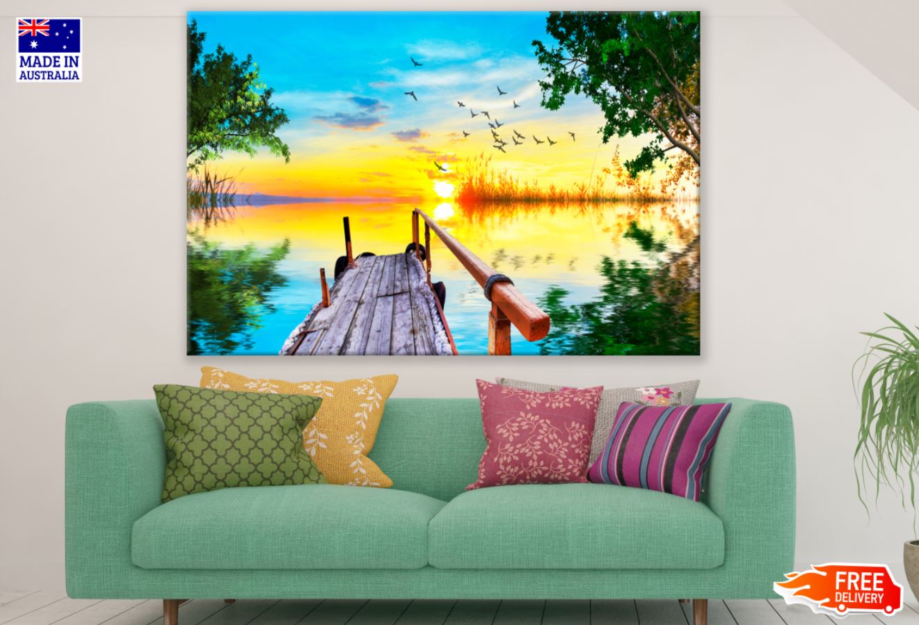 Wooden Pier Over Lake Sunset View Print 100% Australian Made