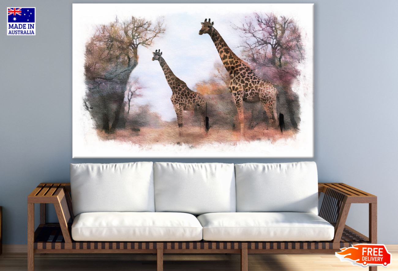 Giraffes in Forest Painting Print 100% Australian Made